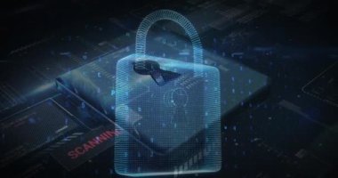 Uyarı veri işleme animasyonu, çevrimiçi güvenlik kilidi ve devre kartı. küresel çevrimiçi güvenlik, bilgisayar, veri işleme ve teknoloji konsepti dijital olarak oluşturulmuş vide