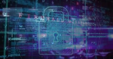 Uyarı veri işleme animasyonu, çevrimiçi güvenlik kilidi ve devre kartı. küresel çevrimiçi güvenlik, bilgisayar, veri işleme ve teknoloji konsepti dijital olarak oluşturulmuş video.