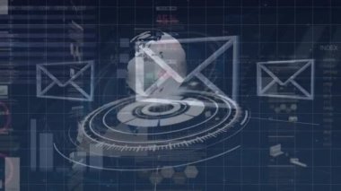 Mavi arkaplanda veri işleme üzerine simgelerin ve kürenin animasyonu. küresel bağlantılar, bilgisayar ve dijital arayüz konsepti dijital olarak oluşturulmuş video.