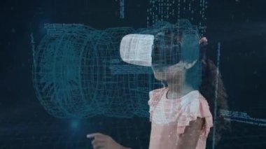 VR kulaklıklı Afrikalı Amerikalı bir kızın veri işleme animasyonu. küresel teknoloji, bilgisayar ve dijital arayüz kavramı dijital olarak oluşturulmuş video.