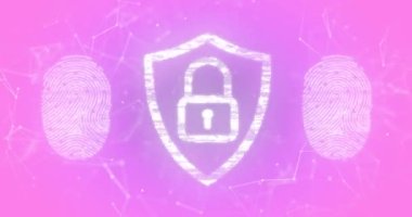 Pembe arka planda asma kilit ikonu ve parmak izi animasyonu. küresel iş, finans ve veri işleme kavramı dijital olarak oluşturulmuş video.