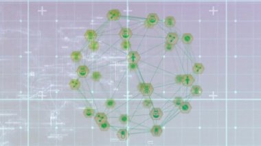 Beyaz arkaplandaki simgelerle bağlantı ağının canlandırılması. küresel bağlantılar, bilgisayar ve dijital arayüz konsepti dijital olarak oluşturulmuş video.