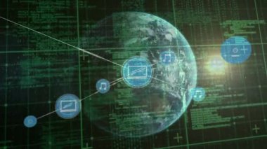 Dünya üzerindeki simgelerle bağlantı ağının animasyonu ve kara arkaplanda veri işleme. küresel bağlantılar, bilgisayar ve dijital arayüz konsepti dijital olarak oluşturulmuş video.