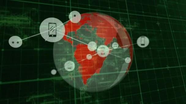 Анімація Мережі Язків Іконками Всьому Світу Чорному Тлі Глобальні Єднання — стокове відео