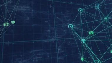 Siyah arkaplanda veri işleme üzerine simgelerle bağlantı ağının animasyonu. küresel bağlantılar, bilgisayar ve dijital arayüz konsepti dijital olarak oluşturulmuş video.
