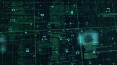Siyah arkaplanda simgeler ve veri işleme ile bağlantı ağının animasyonu. küresel bağlantılar, bilgisayar ve dijital arayüz konsepti dijital olarak oluşturulmuş video.