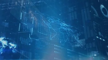 Mavi arkaplanda veri işleme animasyonu. küresel teknoloji, bilgisayar ve dijital arayüz kavramı dijital olarak oluşturulmuş video.