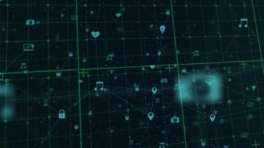 Siyah arkaplandaki simgelerle bağlantı ağının animasyonu. küresel bağlantılar, bilgisayar ve dijital arayüz konsepti dijital olarak oluşturulmuş video.