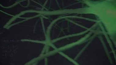 Matematiksel denklemlerin siyah arkaplandaki nöronlar üzerinden canlandırılması. küresel eğitim ve dijital arayüz kavramı dijital olarak oluşturulmuş video.