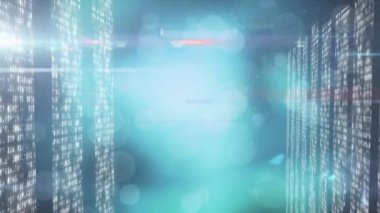 Animation of light spots over moving columns on black background. global social media and technology concept digitally generated video.