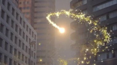 Şehrin üzerinde hareket eden ışık noktasının animasyonu. küresel iş ve dijital arayüz kavramı dijital olarak oluşturulmuş video.