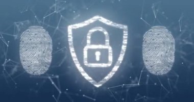 Mavi arka planda asma kilit simgesi ve parmak izi animasyonu. küresel iş, finans ve veri işleme kavramı dijital olarak oluşturulmuş video.