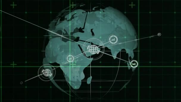 Animation Des Netzwerks Von Verbindungen Mit Symbolen Über Dem Globus — Stockvideo