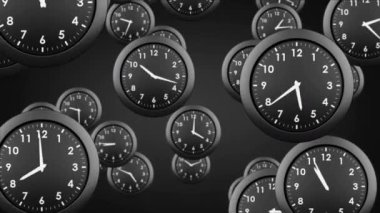 Siyah sırtında ilerleyen çoklu saatin animasyonu. küresel teknoloji, bilgisayar ve dijital arayüz kavramı dijital olarak oluşturulmuş video.