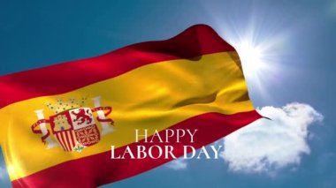 İspanya bayrağı ve mavi gökyüzü üzerinde Mutlu İşçi Bayramı metni. bayram, işçi ve işçi sendikaları dijital olarak üretilen video konseptini kutluyor.