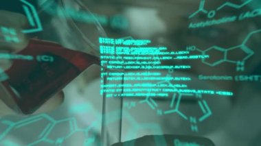 Kafkas kadın bilim adamı üzerindeki veri işleme ve kimyasal formülün animasyonu. küresel bilim, bilgisayar ve dijital arayüz kavramı dijital olarak oluşturulmuş video.