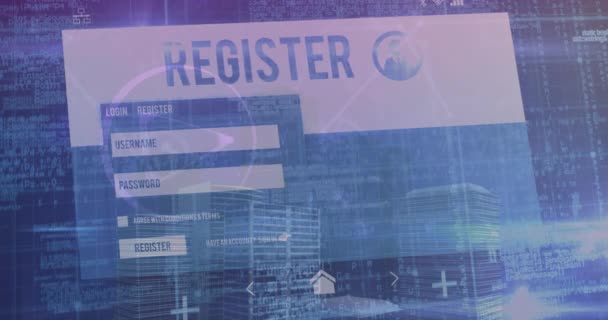 Animering Registerkort Ikoner Och Databehandling Över Stadsbilden Globalt Affärs Teknik — Stockvideo
