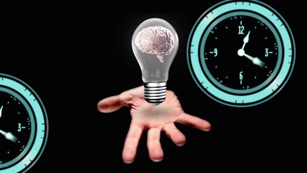 Animation Horloge Déplaçant Sur Ampoule Cerveau Concept Interface Numérique Science — Video