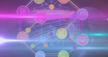 Işık noktaları ve dünya üzerindeki iş simgelerinin animasyonu. küresel iş ve dijital arayüz kavramı dijital olarak oluşturulmuş video.