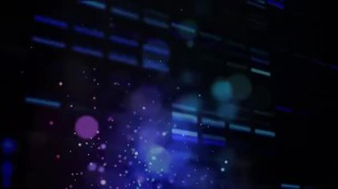 Animation of light spots and letters on black background. global business and digital interface concept digitally generated video.