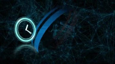 Animation of moving clock and globe over network of connections on black background. global technology and connections concept digitally generated video.