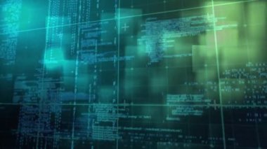 Mavi arkaplanda kare ve veri işleme animasyonları. küresel iş ve dijital arayüz kavramı dijital olarak oluşturulmuş video.