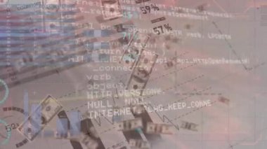 Veri işleme animasyonu ve beyaz arka planda dolar. küresel bağlantılar, bilgisayar ve dijital arayüz konsepti dijital olarak oluşturulmuş video.