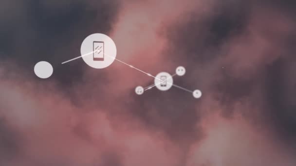 Animation Eines Netzwerks Von Verbindungen Mit Symbolen Über Rosa Wolken — Stockvideo