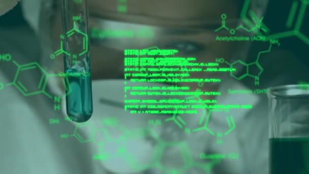 Animering Databehandling Och Kemisk Formel Över Kaukasisk Kvinnlig Forskare Globalt — Stockvideo