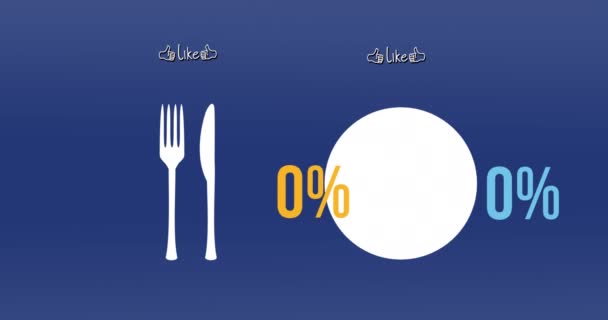 类似文字的动画 有餐具和饼图 其百分比在蓝色背景上增长 社交媒体 在线社区和数字视频接口概念 — 图库视频影像