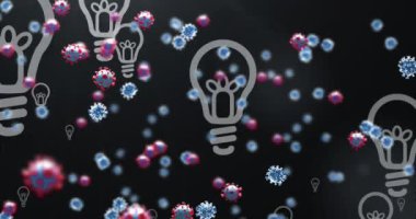 Animation of virus cells over lightbulb icons. global science and digital interface during covid 19 pandemic concept digitally generated video.