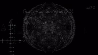 Matematiksel denklemlerin siyah arkaplan üzerindeki animasyonu. küresel eğitim ve dijital arayüz kavramı dijital olarak oluşturulmuş video.