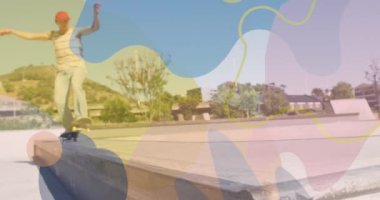 Kafkas kaykayının üzerindeki renkli noktaların animasyonu. global spor ve dijital arayüz konsepti dijital olarak oluşturulmuş video.