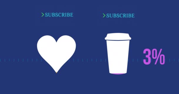 テキストハートを購読し 青色の背景で成長している のコーヒーアイコンを奪うアニメーション ソーシャルメディア オンラインコミュニティ デジタルインターフェースの概念がデジタルで生成されたビデオ — ストック動画