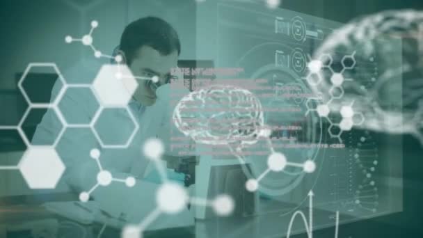 Animation Data Processing Digital Brain Caucasian Male Scientist Global Science — Video