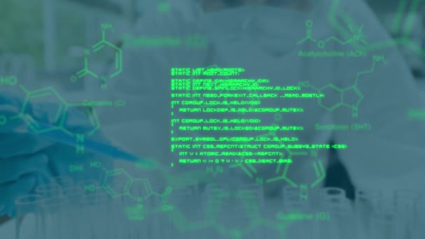 Animación Procesamiento Datos Fórmula Química Sobre Científica Caucásica Concepto Global — Vídeos de Stock