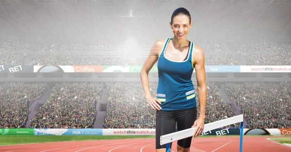 Composite Image Caucasian Female Athlete Standing Hurdle Sports Stadium Sports — стоковое фото