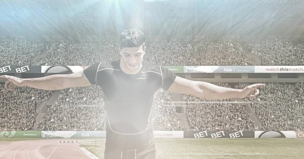 Composite Image Caucasian Male Athlete Celebrating Winning Race Sports Stadium — ストック写真