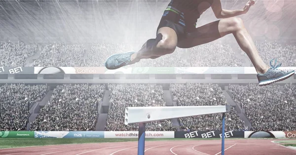 Composite Image Caucasian Low Section Male Athlete Jumping Hurdles Sports — Stock Photo, Image