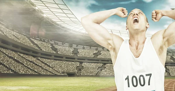 Composite Image Caucasian Male Athlete Celebrating Winning Race Sports Stadium — Stockfoto