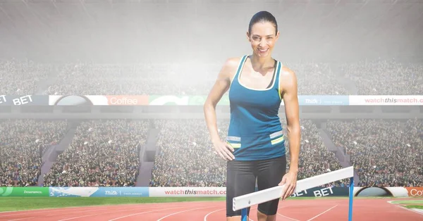 Composite Image Caucasian Female Athlete Standing Hurdle Sports Stadium Sports —  Fotos de Stock