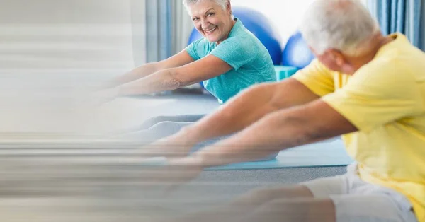 Blur Effect Copy Space Senior Couple Performing Stretching Exercise Retirement — Stock Photo, Image