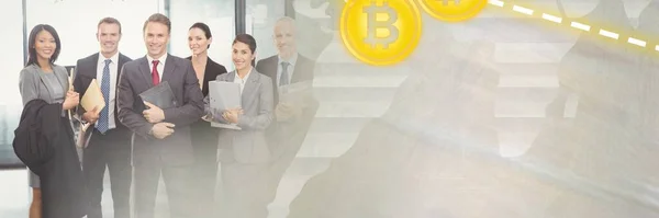 Blur Effect Copy Space Bitcoin Symbols Portrait Businesspeople Office Global — Stock Photo, Image