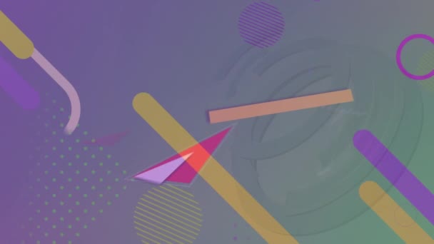 Цифровая Анимация Красочных Абстрактных Фигур Движущихся Зеленом Фиолетовом Градиентном Фоне — стоковое видео