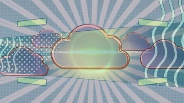 青い放射状の背景を持つ複数の雲のアイコンや抽象的な形状のデジタルアニメーション 抽象的なテクスチャとデザインコンセプトを持つ背景 — ストック動画