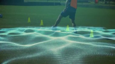 Stadyumdaki çeşitli futbol oyuncuları üzerinde ikili kodlama olan dalgaların animasyonu. küresel spor ve rekabet konsepti dijital olarak oluşturulmuş video.