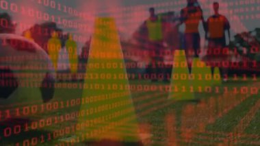 Stadyumdaki çeşitli futbol oyuncuları üzerinde ikili kodlama animasyonu. küresel spor ve rekabet konsepti dijital olarak oluşturulmuş video.