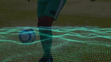 Stadyumdaki çift ırklı futbol oyuncuları üzerinde ikili kodlama olan dalgaların animasyonu. küresel spor ve rekabet konsepti dijital olarak oluşturulmuş video.