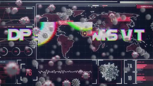 Animáció Koronavírus Szöveg Kovid Vírussejtek Adatfeldolgozás Fekete Alapon Globális Orvostudomány — Stock videók