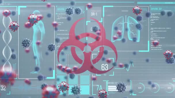 在灰度背景下 在数据处理过程中 对Covid19病毒细胞和生物危害符号进行了动画化处理 全球医学和技术在哥斯达黎加期间19大流行病概念数字视频 — 图库视频影像